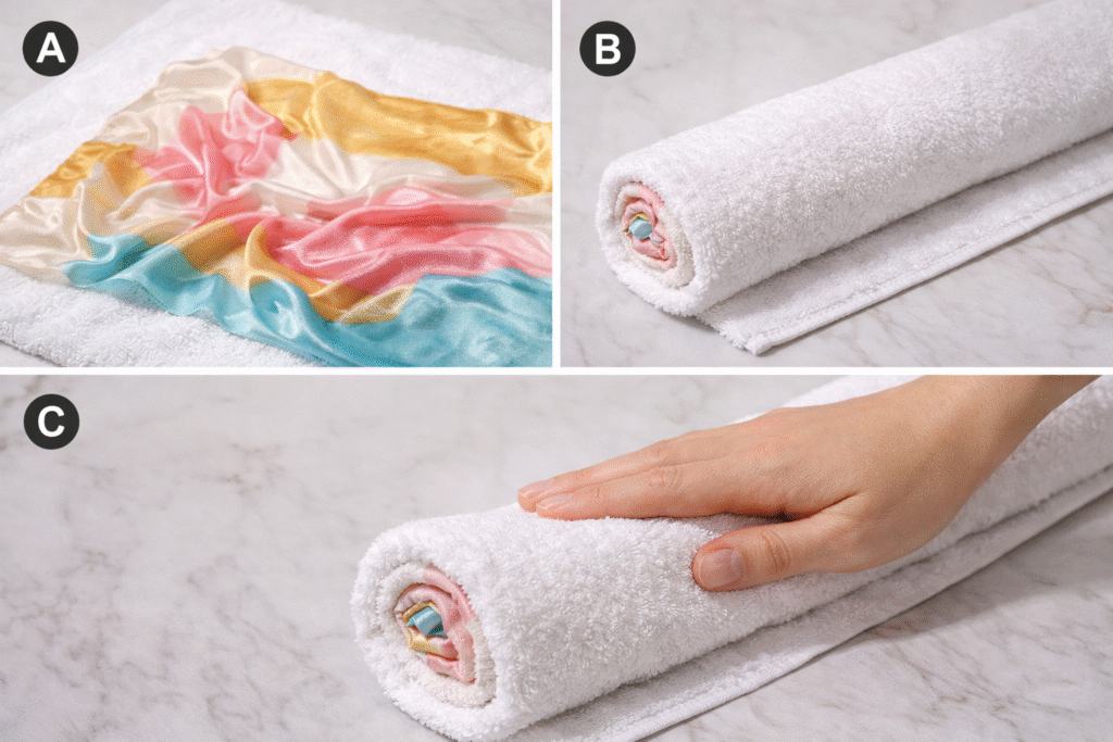 How to Wash & Care for Your Silk Scarf — Expert Guide (2025 Update) 4 Step by step towel roll method to dry silk scarf without wringing