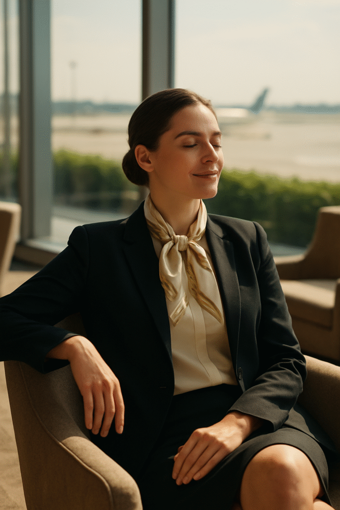 Business professional wearing a custom designer silk scarf for travel comfort and thermoregulation