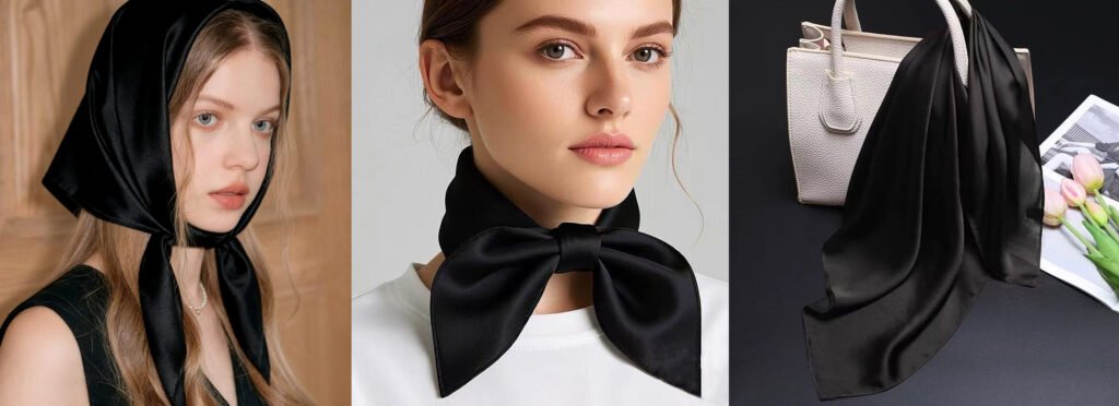 The Ultimate Guide to the Black Silk Scarf Why It’s the “Little Black Dress” of Accessories 6 black scarf Styling for Women From Day to Night