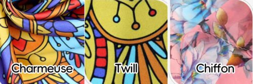 Comparison of silk twill, satin charmeuse, and chiffon scarf fabrics.