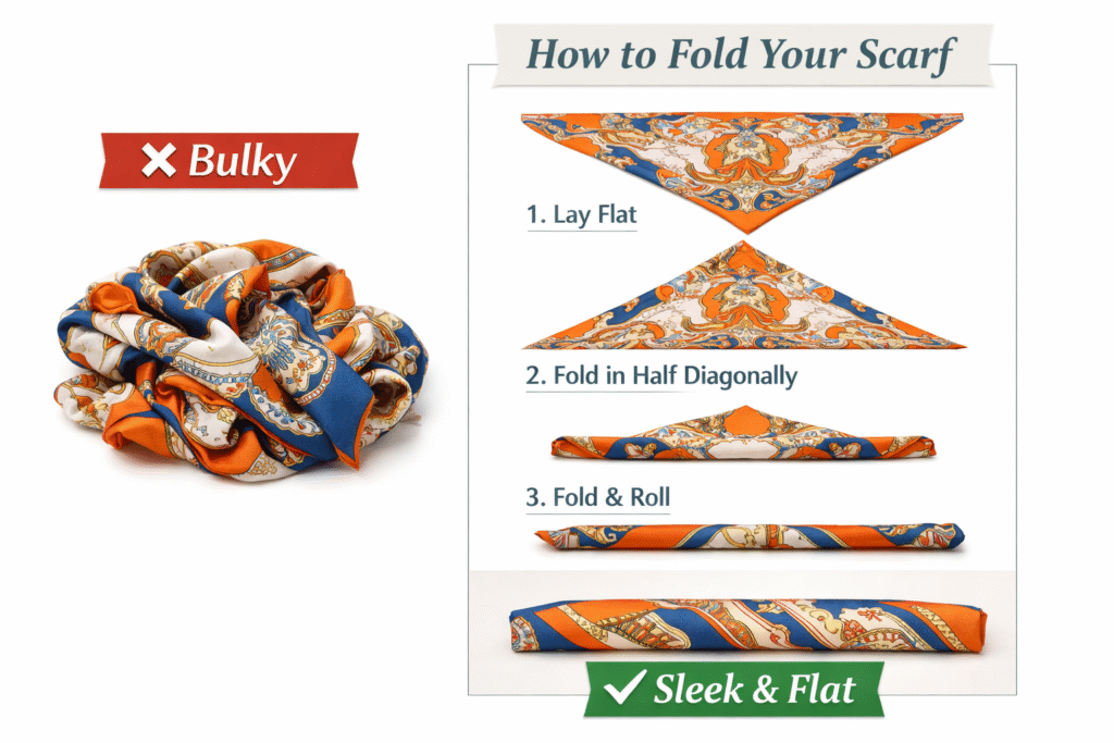 10 Chic Ways to Tie a Silk Scarf 2 Step-by-step diagram showing how to bias fold a square silk scarf to reduce bulk and create a flat ribbon.