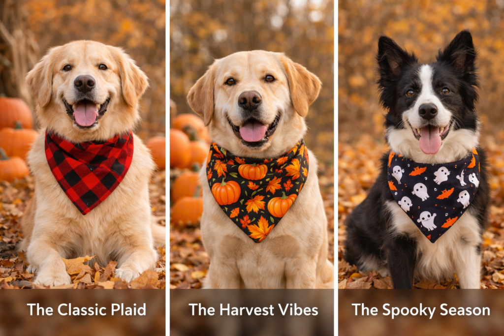 The Ultimate Fall Dog Bandana Guide: Styles, Sizing & How to Keep Them On 1 Different fall themed dog bandanas including plaid, pumpkin and halloween prints